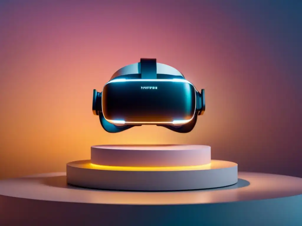 Realidad virtual: fusión de poesía y tecnología Un diseño minimalista con un auricular de realidad virtual brillante en un pedestal elegante, fusionando poesía lírica y realidad virtual