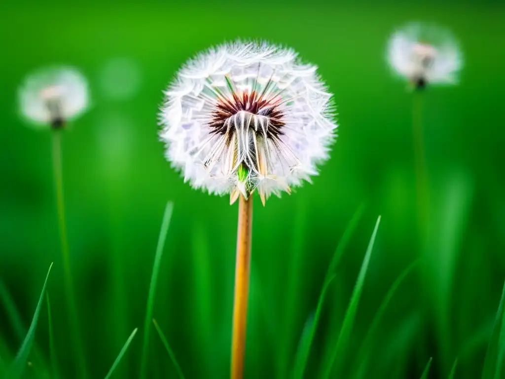 Poética dandelion dispersa sus semillas al viento en campo verde