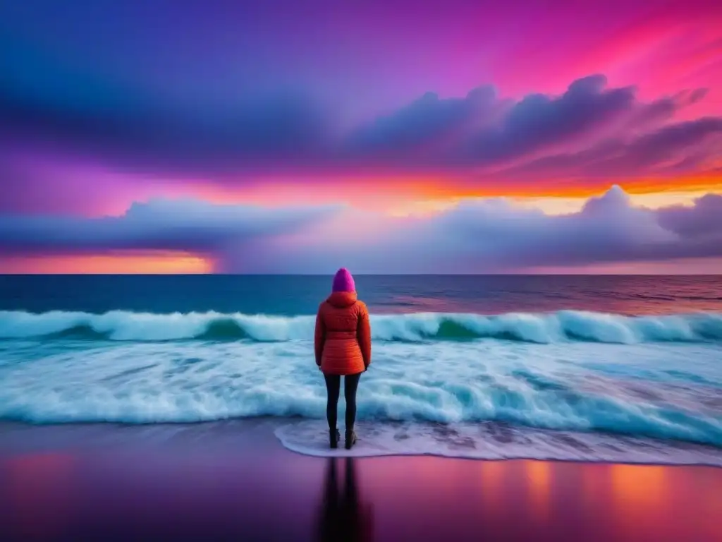 Transformando dolor social en poesía: figura solitaria frente al mar en atardecer de fuego, reflejando calma y belleza