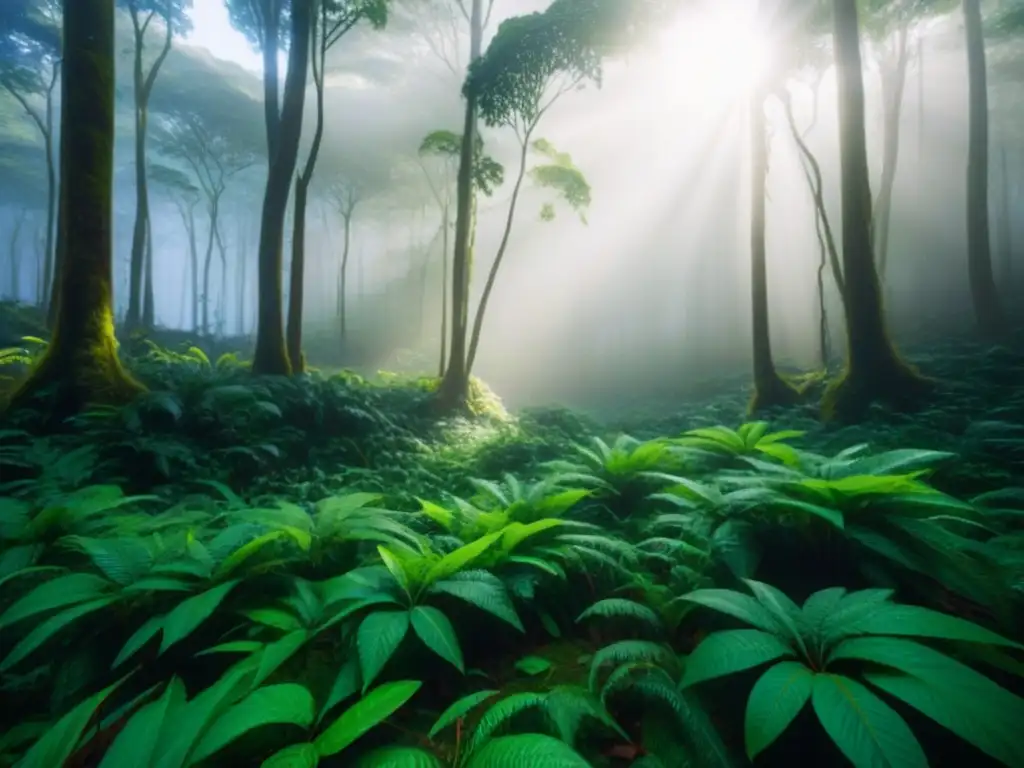 Un dosel de selva exuberante con luz filtrándose a través de las hojas, creando patrones de luz y sombra en el suelo del bosque