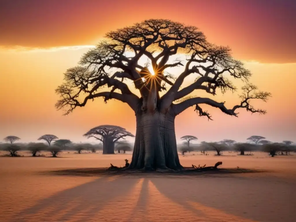 Dramática dualidad en poesía africana: baobab solitario se yergue ante un vibrante atardecer, proyectando intrincada sombra en la tierra polvorienta