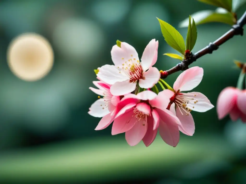 La dualidad en poesía japonesa: Detalle de una flor de cerezo en plena floración, en un jardín japonés sereno y elegante