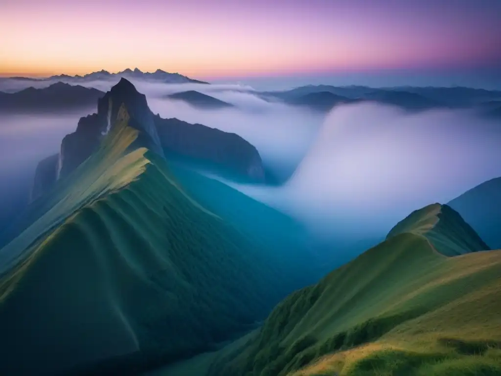 Poesía ecocrítica montañas metáforas: majestuosa cordillera al amanecer, sombras largas sobre un valle sereno, velada en niebla sutil