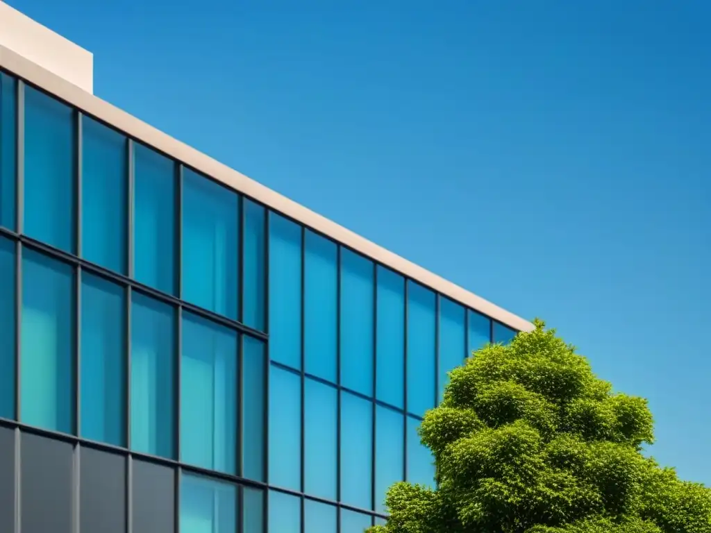 Edificio moderno en blanco y negro, rodeado de vegetación, bajo cielo azul