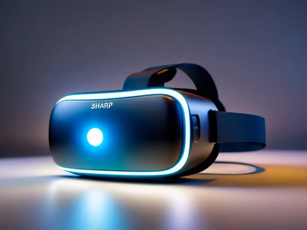 Un elegante auricular de realidad virtual, iluminado en azul, descansa sobre una superficie reflectante