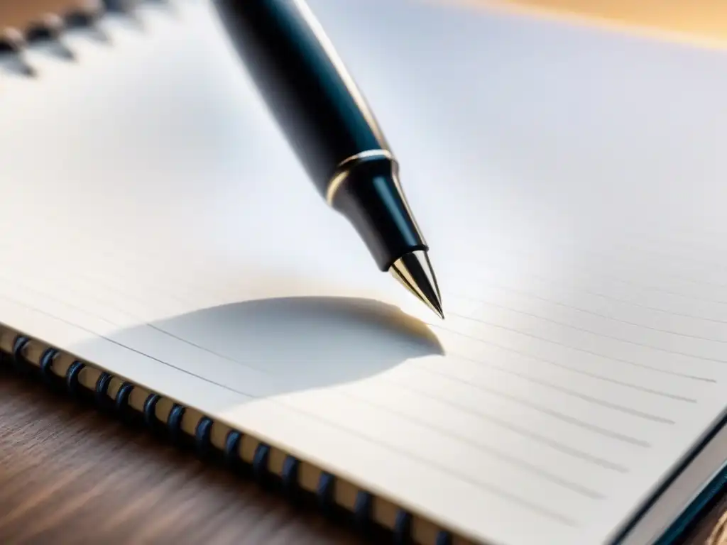 Un elegante bolígrafo reposa sobre un cuaderno blanco, iluminado suavemente