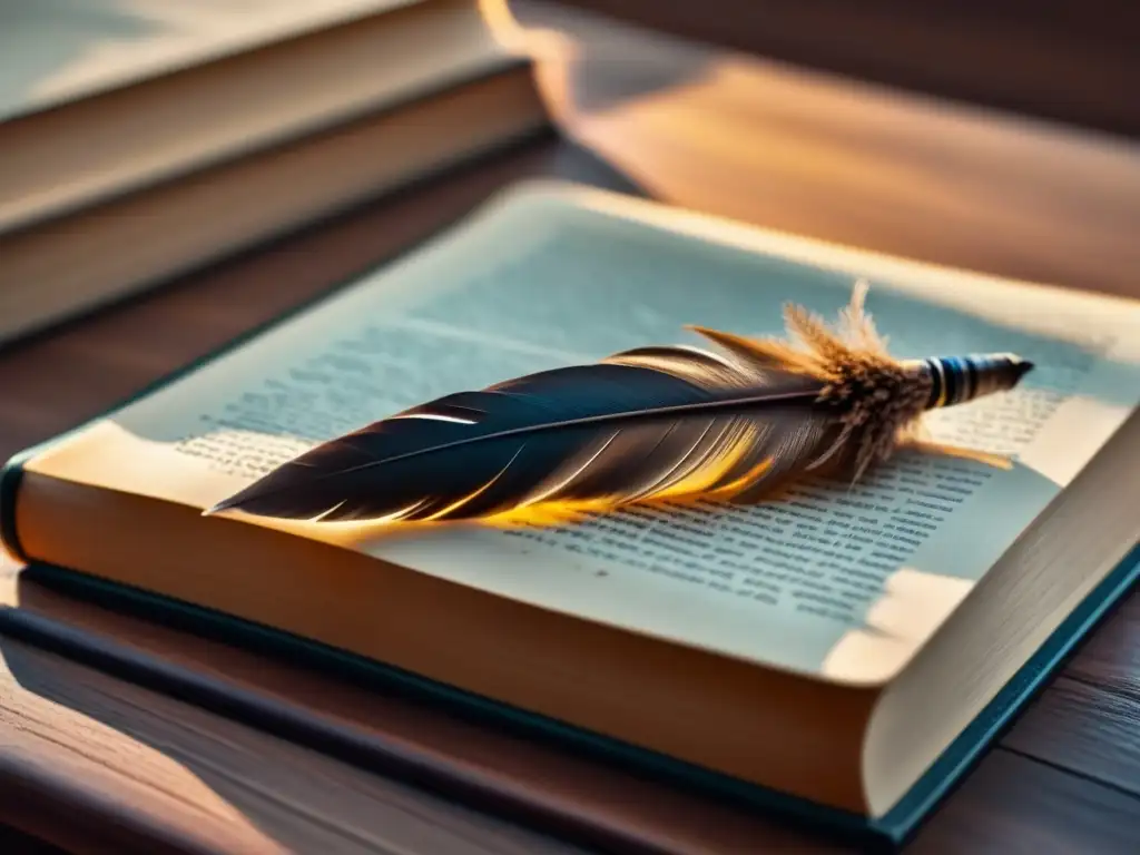 Poder de las palabras: pluma y libro de poesía en detalle 8k Un elegante bolígrafo descansa sobre un libro de poesía vintage, iluminado por una suave luz, en un escritorio de madera