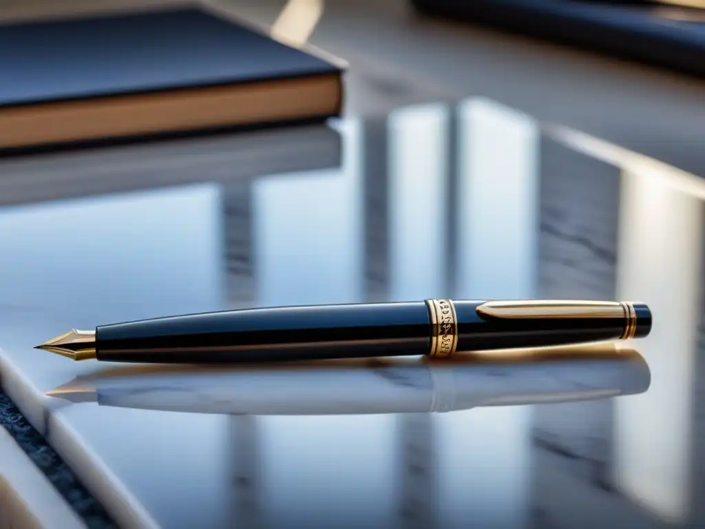 Elegante bolígrafo Montblanc negro sobre escritorio de mármol blanco