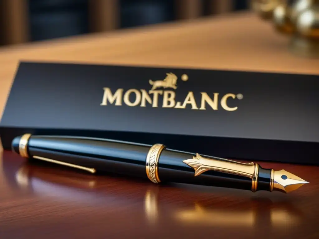 Un elegante bolígrafo Montblanc negro descansa sobre un lujoso escritorio de caoba, resaltando su emblema dorado con precisión bajo una suave luz