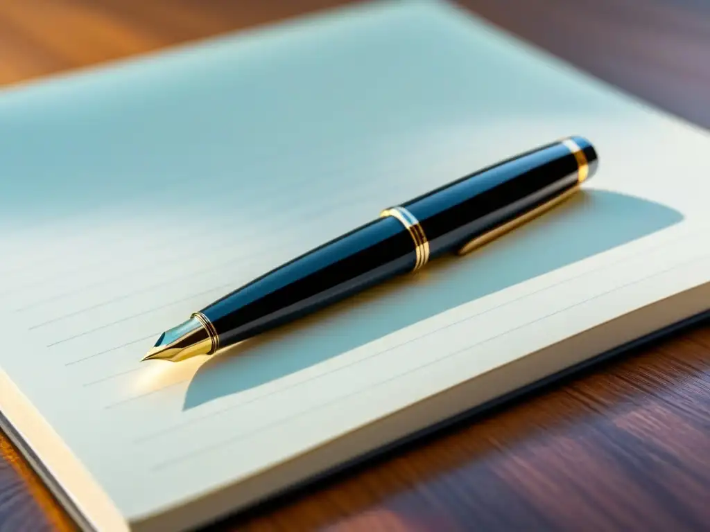Elegante pluma negra sobre cuaderno en blanco Un elegante bolígrafo negro sobre un cuaderno en blanco, iluminado suavemente, ideal para certificaciones escritura creativa autores emergentes