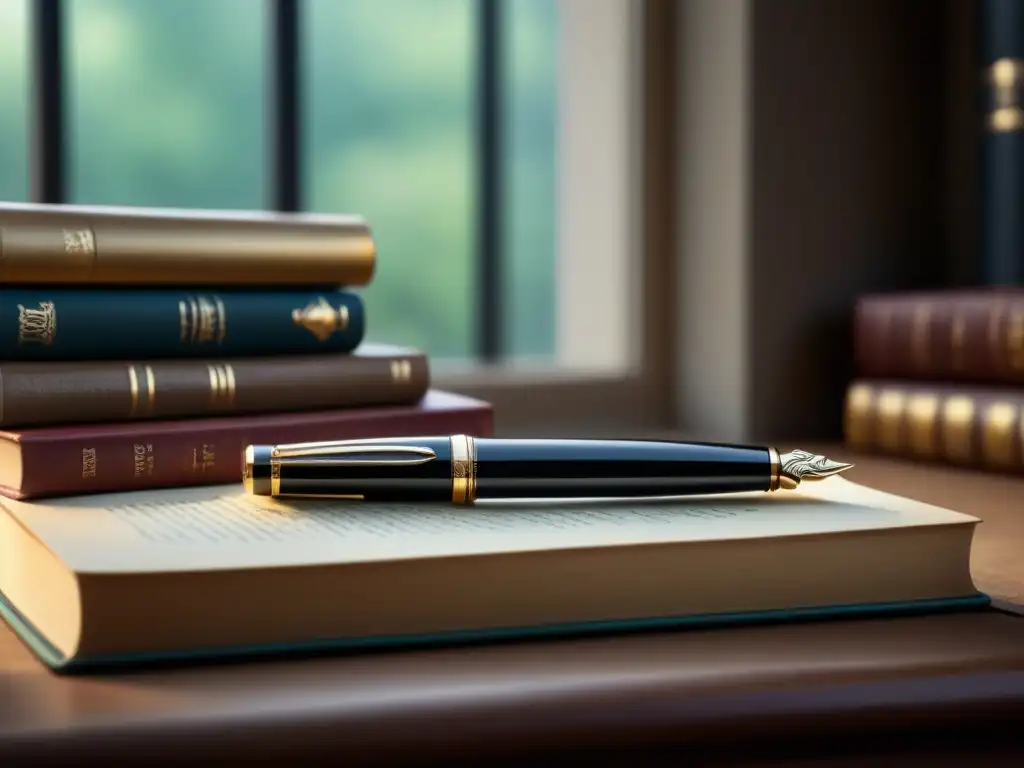 Un elegante bolígrafo negro descansa sobre libros de poesía vintage, iluminado por luz natural