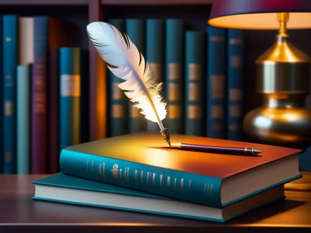 Un elegante bolígrafo plateado reposa sobre libros de poesía vibrantes, iluminados por una lámpara cálida