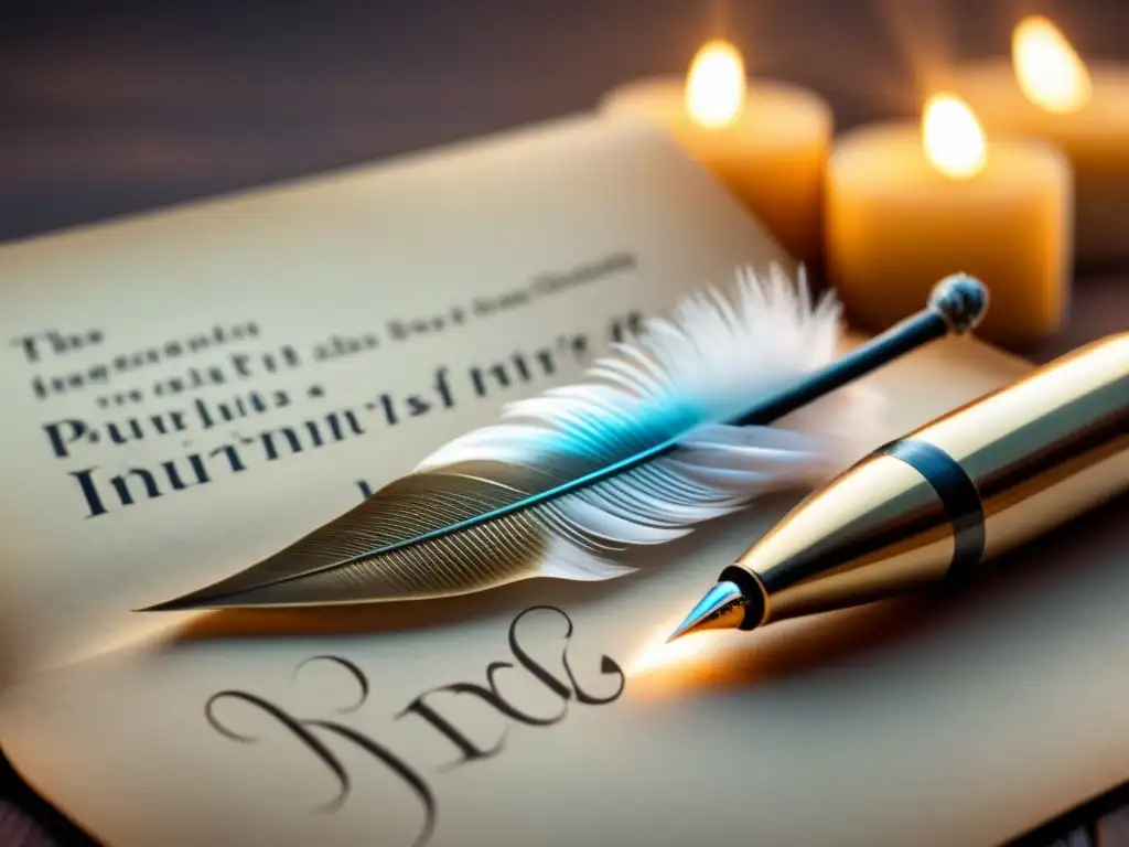 Un elegante bolígrafo pluma crea poesía en pergamino, rodeado de inspiración luminosa