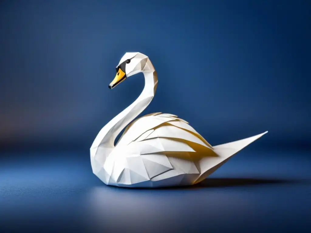 Un elegante cisne de origami en papel blanco sobre fondo azul, resaltando sus formas poéticas estructuradas belleza poesía