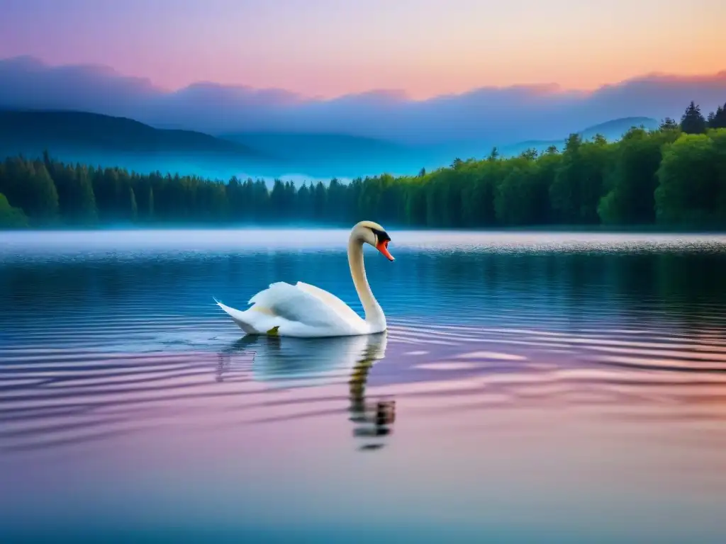 Un elegante cisne solitario surcando un lago al atardecer, rodeado de exuberante vegetación