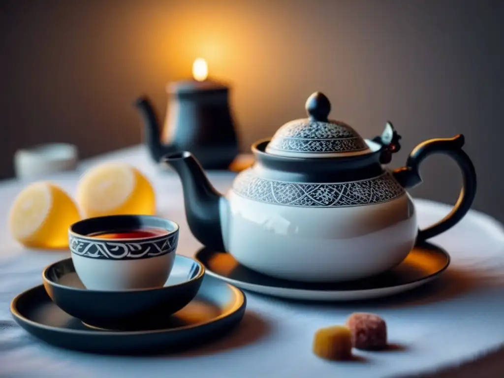 Elegante contraste entre tradición y modernidad en la poesía turca con un set de té y delicias turcas en blanco y negro