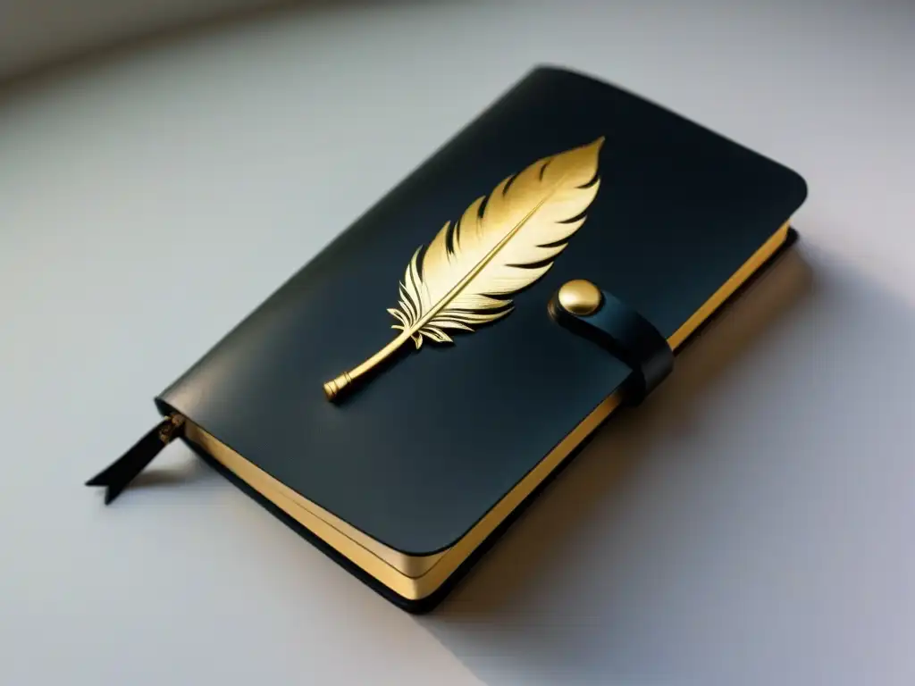 Elegante cuaderno de cuero negro con detalles dorados y pluma, sobre fondo blanco