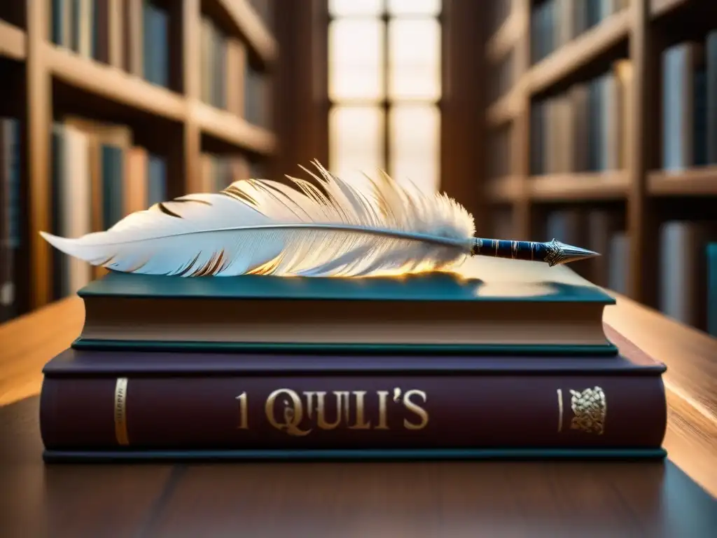 Un elegante equilibrio de pluma y libros de poesía en una biblioteca soleada