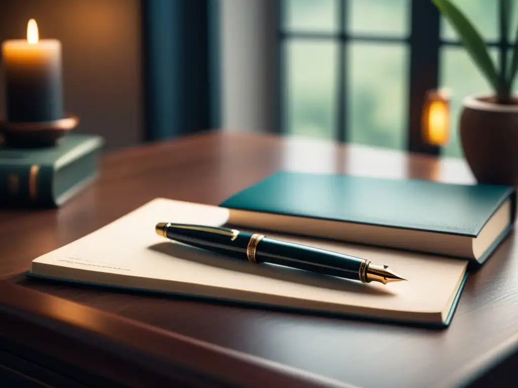 Un elegante escritorio con accesorios de escritura de lujo: pluma fuente, cuaderno de piel y gafas, bañados en luz cálida y sombras suaves