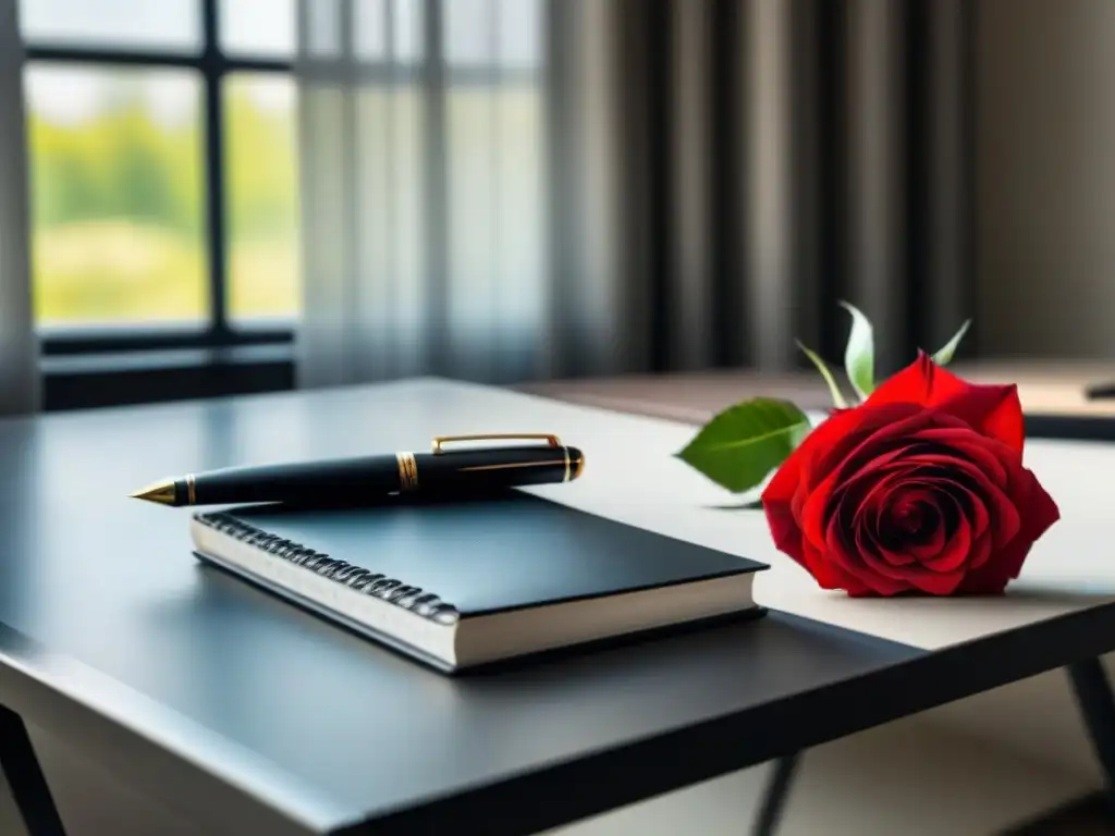 Un elegante escritorio con accesorios de lujo inspira poesía, con un cuaderno de cuero negro, una pluma estilográfica y una rosa roja