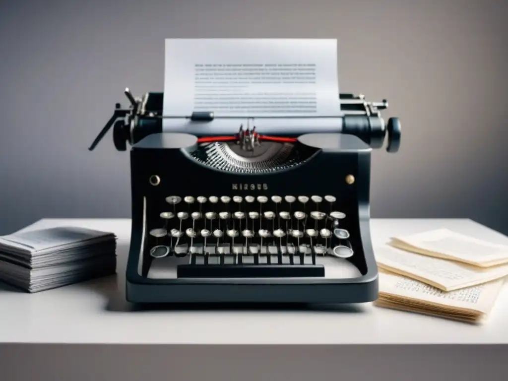 Un elegante escritorio blanco con una máquina de escribir negra rodeada de papel arrugado y poesía concreta