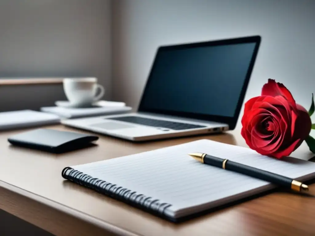 Un elegante escritorio de escritor en blanco y negro con laptop, cuadernos, café y una rosa roja