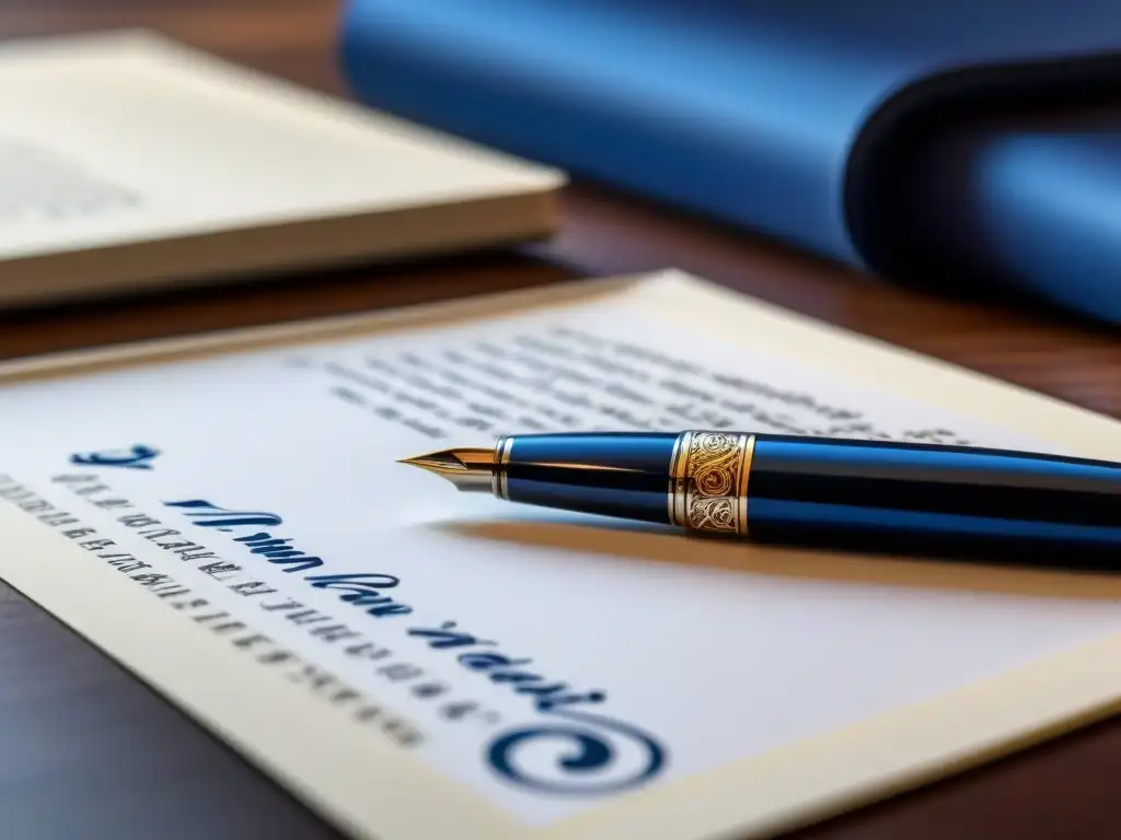 Un elegante escritorio de madera oscura con una lujosa pluma fuente y tinta azul vibrante en una hoja blanca, evocando creatividad