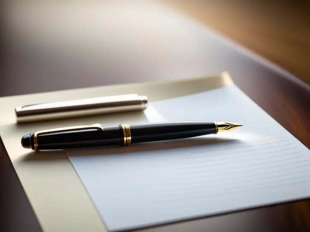 Un elegante escritorio de madera con una pluma de plata sobre papel en blanco