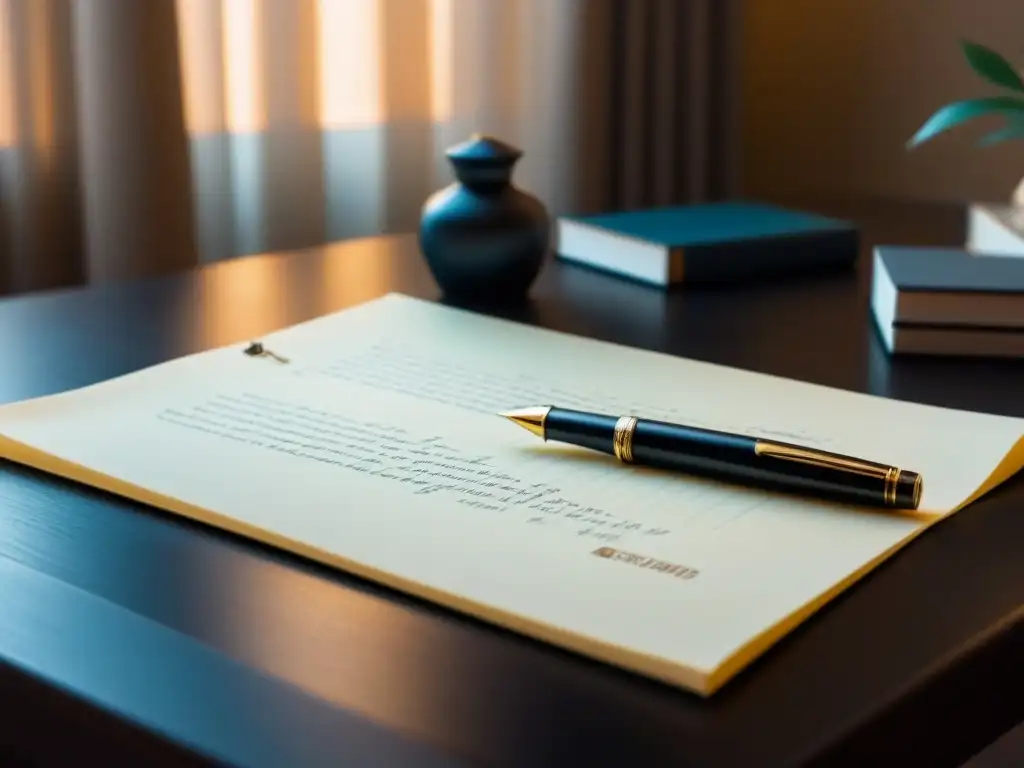 Un elegante escritorio minimalista con pluma sobre papel premium, bañado en luz natural para certificaciones escritura creativa narradores