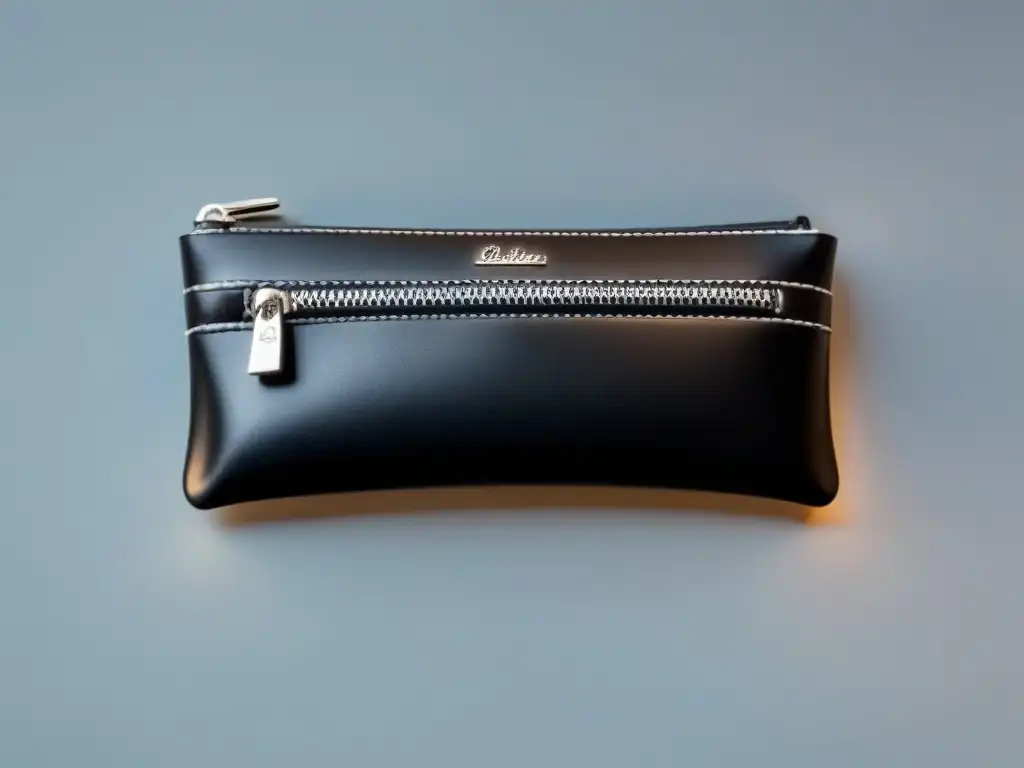 Elegante estuche negro para bolígrafos con detalles blancos y cremallera plateada, destacando el lujo en mantenimiento accesorios escritura lujo