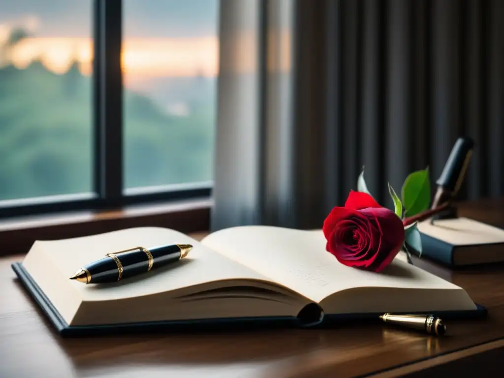 Una elegante inspiración poética: lujosos accesorios de escritura sobre un escritorio de madera iluminado con luz natural y sombras suaves
