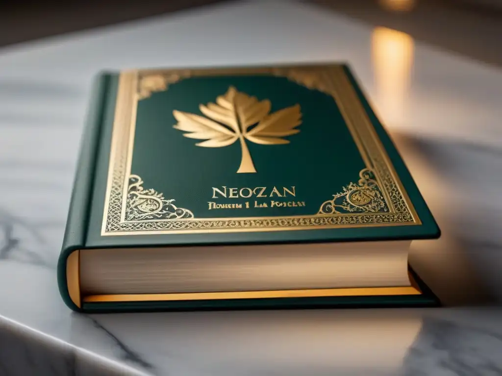 Libro de poesía neoclásica: elegancia dorada en mármol blanco Una representación elegante de un libro de poesía neoclásica, adornado con detalles dorados en mármol blanco