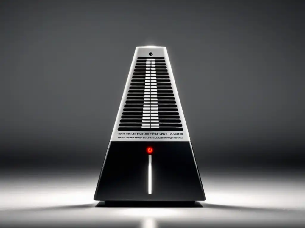 Elegante metrónomo en blanco y negro destacando el péndulo en movimiento, transmitiendo la importancia del ritmo en poesía