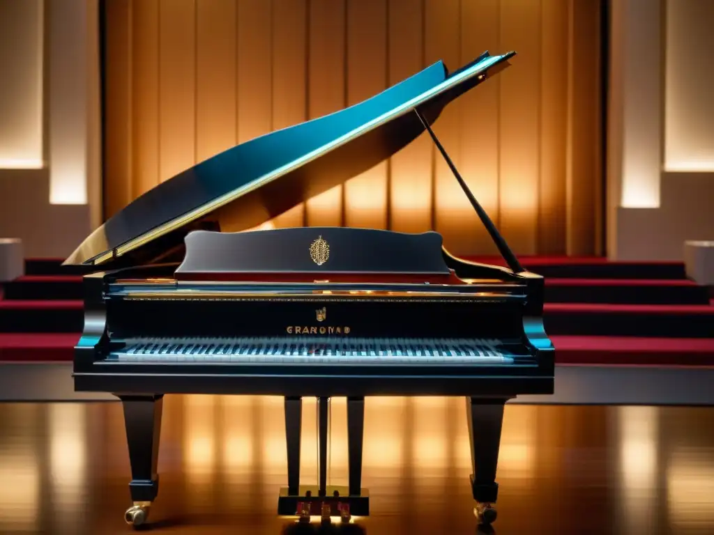 Elegante piano de concierto en una sala iluminada, reflejando una inspiración poética en composiciones musicales