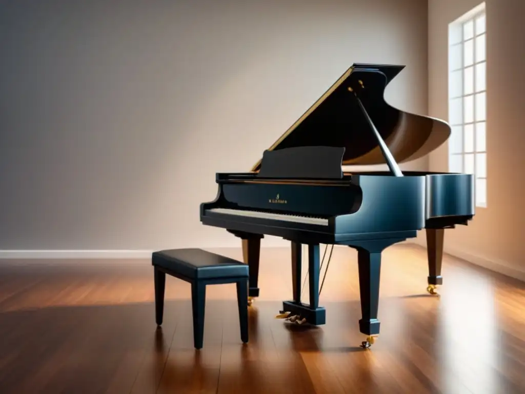 Elegante piano negro en una habitación iluminada, reflejando su belleza