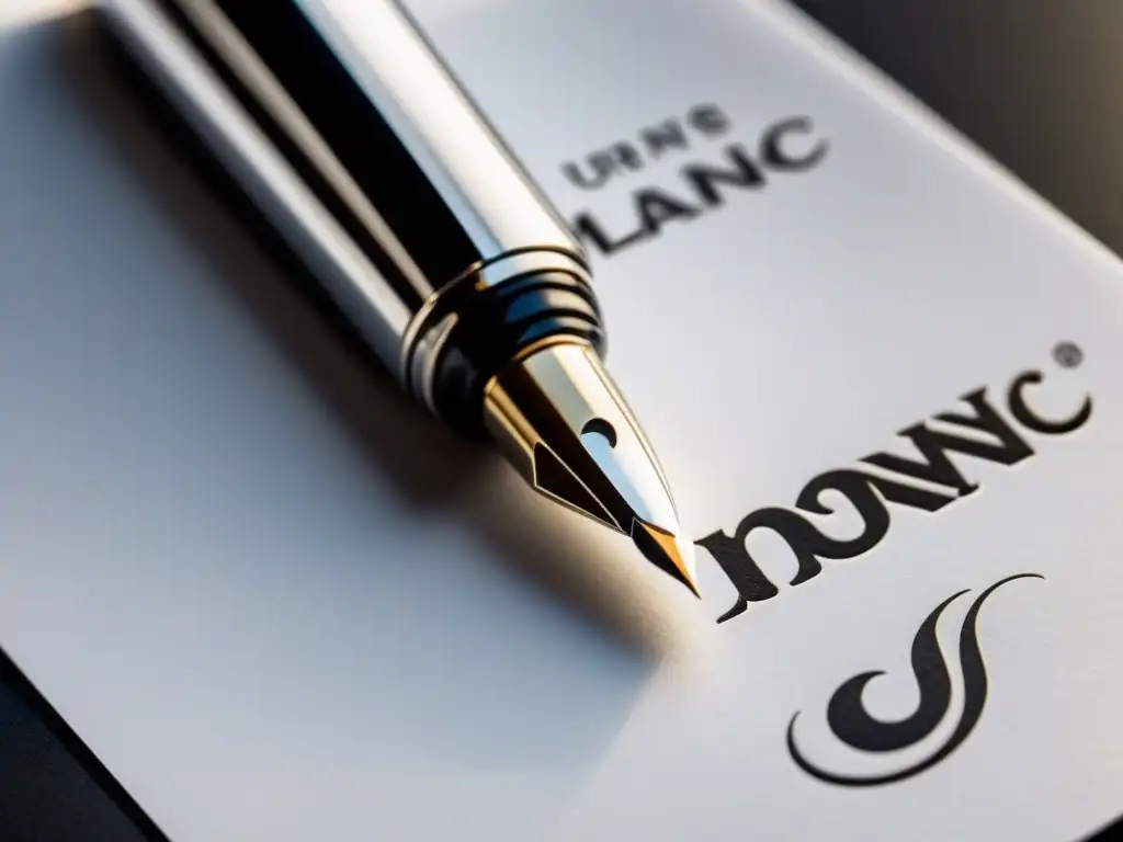 Una elegante pluma estilográfica Montblanc plateada sobre papel blanco