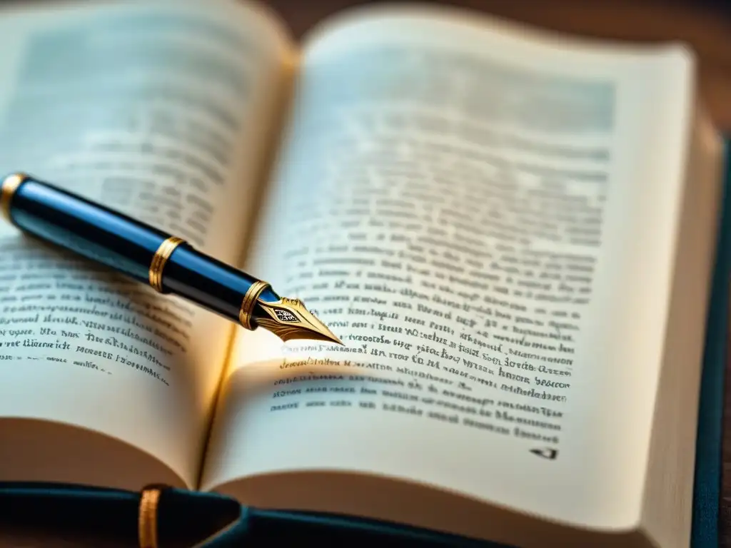 Una elegante pluma fuente descansando en un libro de poesía, iluminada por una luz suave