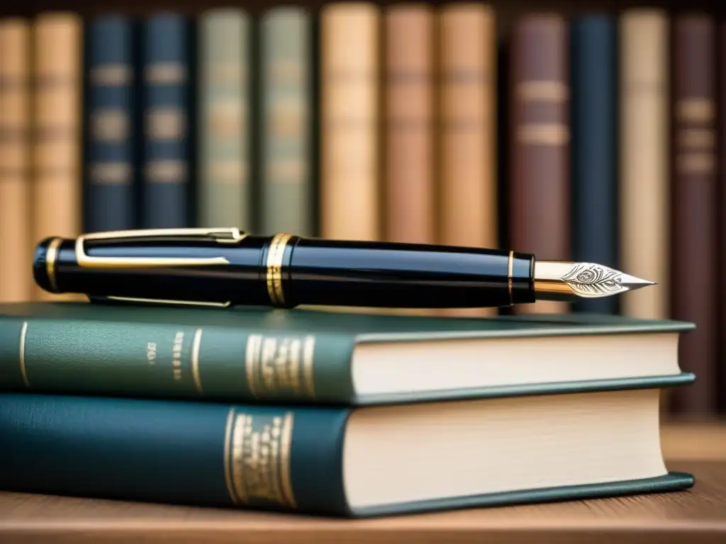 Una elegante pluma fuente negra descansa sobre libros vintage, con luz natural creando una atmósfera serena y sofisticada