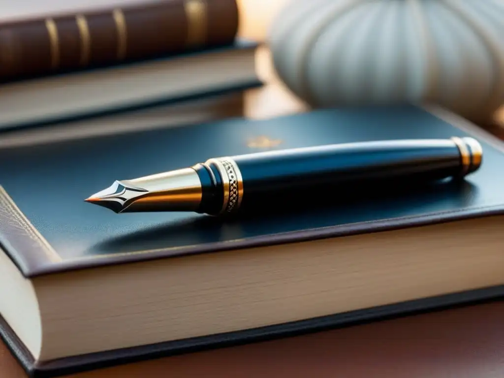 Elegante pluma Montblanc negra y dorada sobre libros de poesía vintage