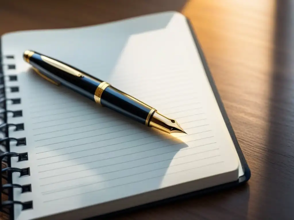 Una elegante pluma negra descansa sobre un cuaderno blanco, iluminada suavemente por la luz natural