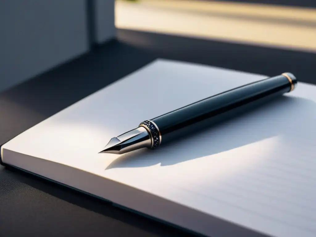 Una elegante pluma plateada sobre un cuaderno blanco, evocando la importancia de la poesía transformadora