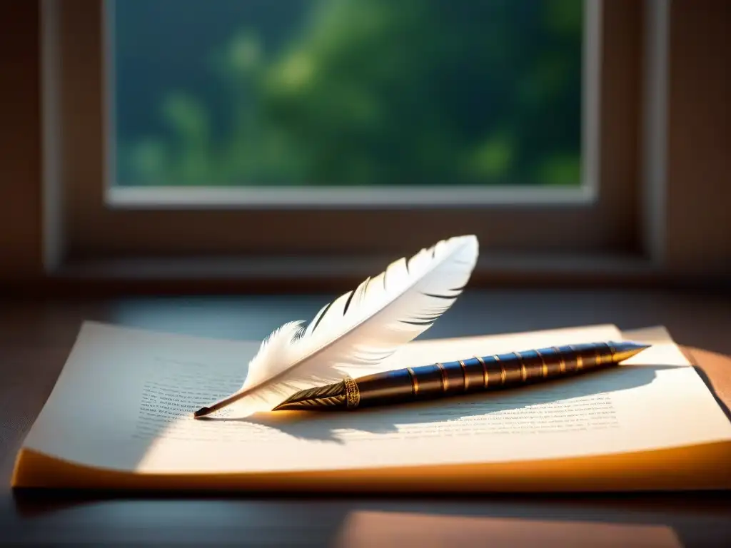 Un elegante plumín reposa sobre un pergamino en blanco, iluminado por una tenue luz