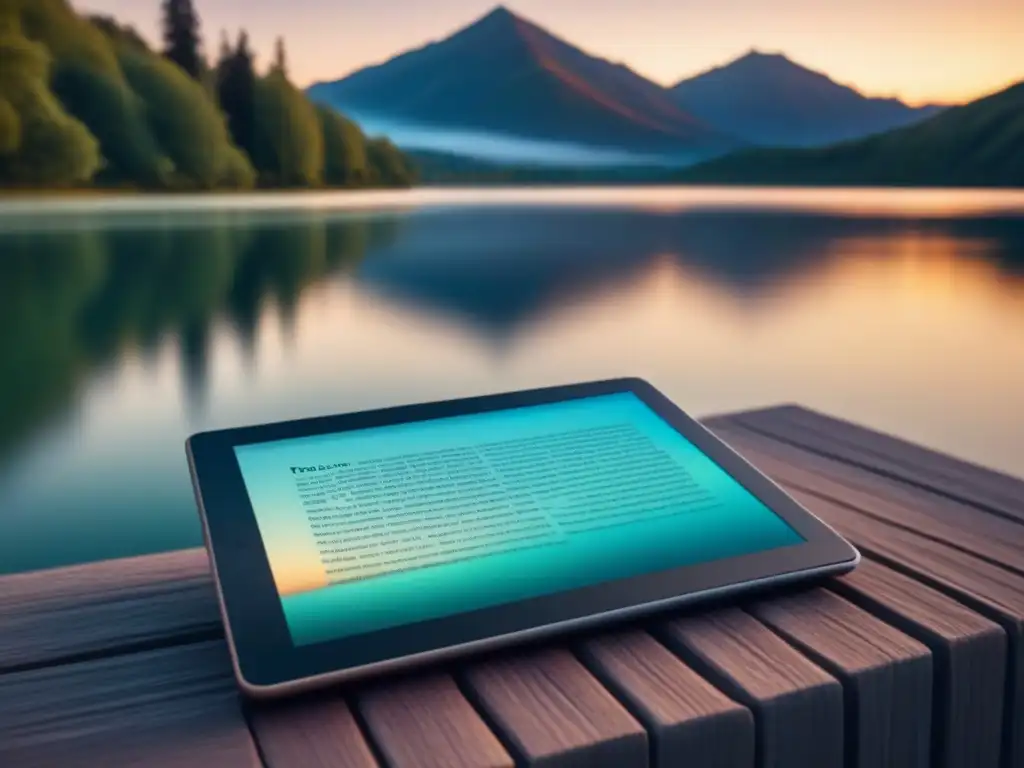 Una elegante publicación digital de poesía frente a un lago al atardecer, para audiencia global