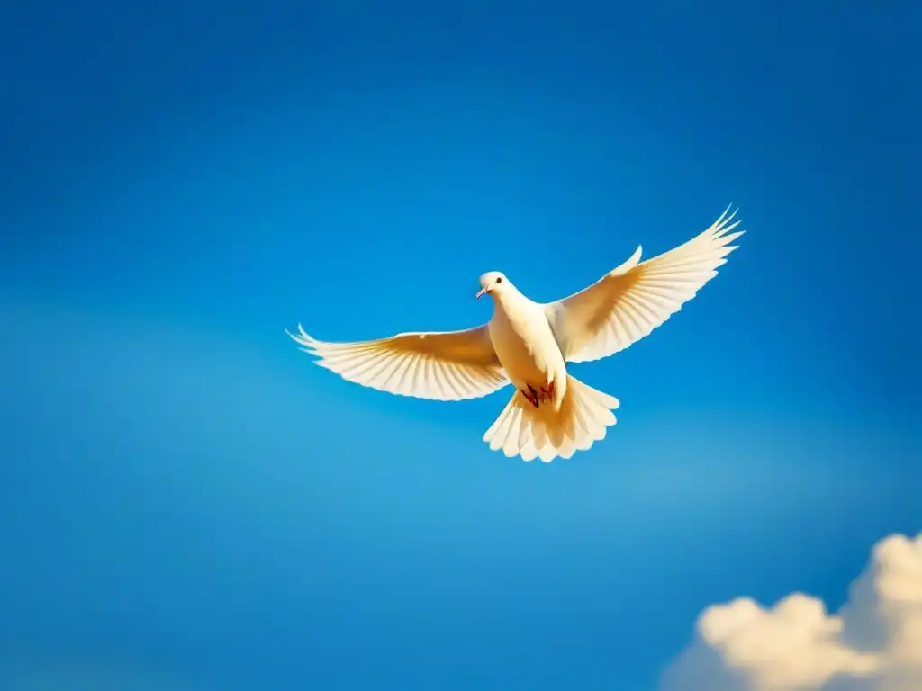 Un elegante y sereno vuelo de una paloma blanca en un cielo azul claro