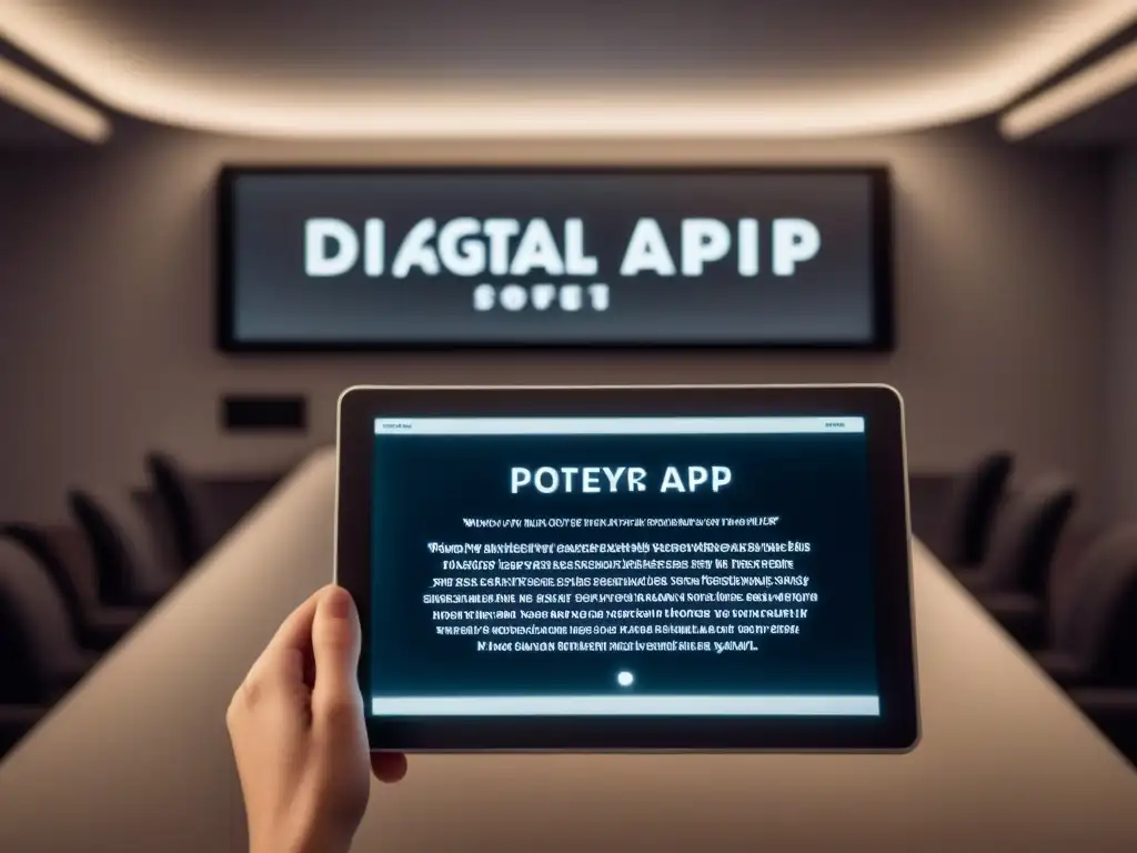 Poesía digital: palabras flotantes en tablet moderna Un elegante tablet muestra una app de poesía lírica con palabras flotantes, iluminado suavemente