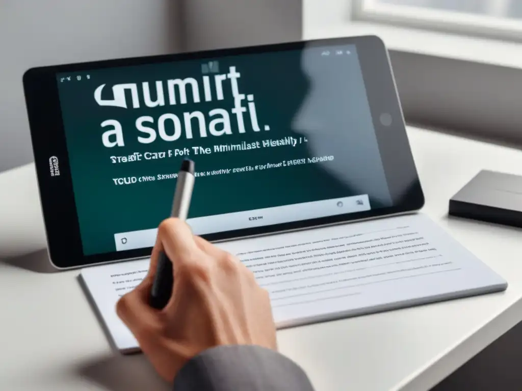 Una elegante tablet digital con app de poesía y estilógrafo en un escritorio blanco