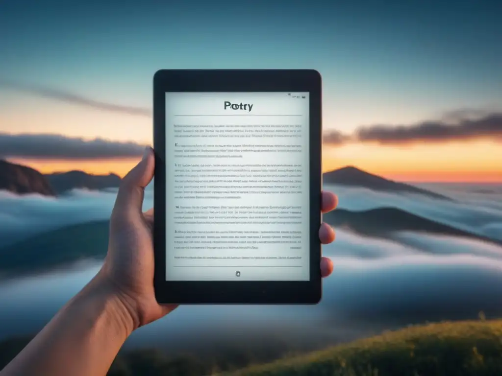 Un elegante tablet muestra un libro de poesía digital con diseño minimalista y tecnología redefiniendo lectura poesía