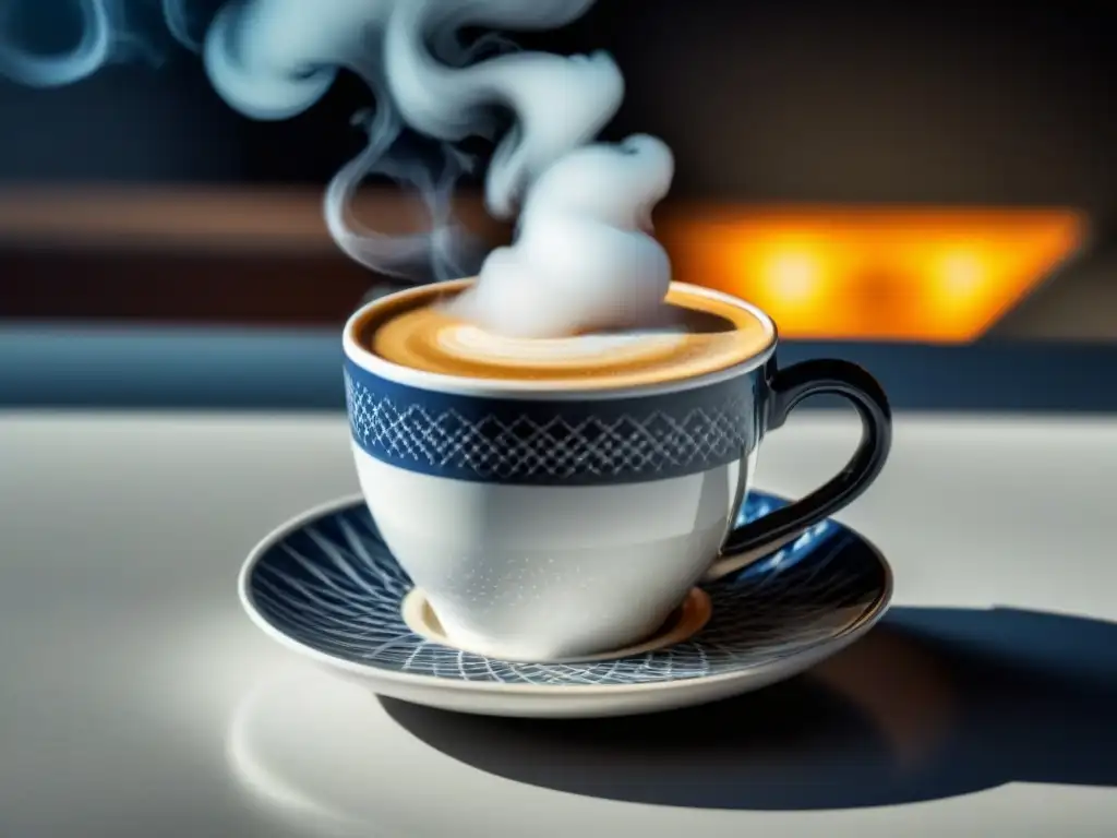 Una elegante taza de café turco sobre un platillo geométrico, con vapor ascendente