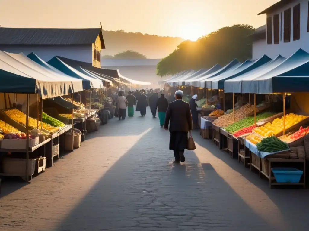 Encuentros inesperados en un mercado al amanecer, con la calidez dorada de la luz entre puestos de mercancía preparados