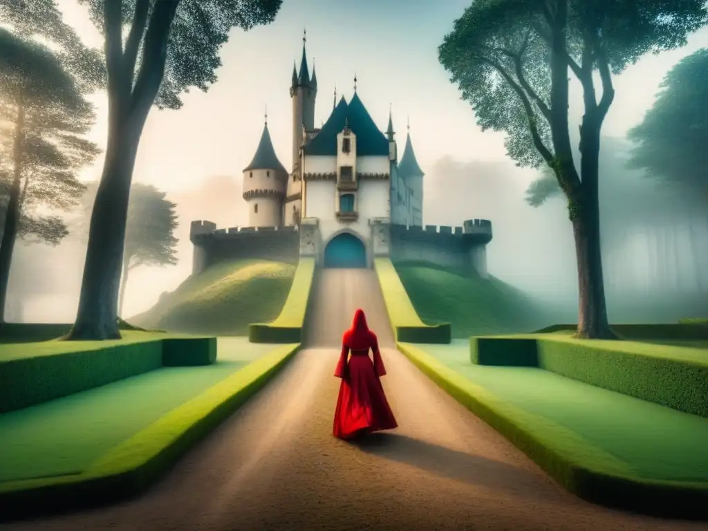 Castillo medieval en bosque encantado con figura misteriosa Enigmático castillo medieval en un bosque exuberante, con una figura misteriosa en la entrada, evocando la poesía corte anglonormanda de Marie de France